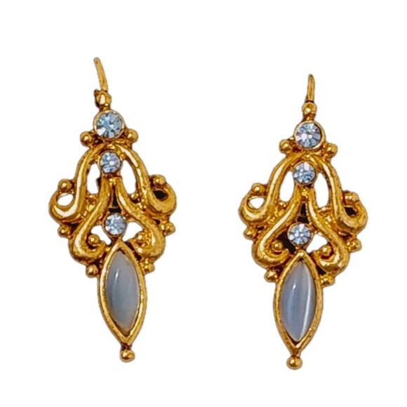 Estate Gold Tone Scroll Blue Stone Drop Earrings Boho Chic Lever Latch Hook - Picture 1 of 4